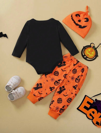Halloween Baby Outfit Set – 3-Piece Romper, Trousers & Hat | Pumpkin, Bat & Ghost Print | Newborn - 24M
