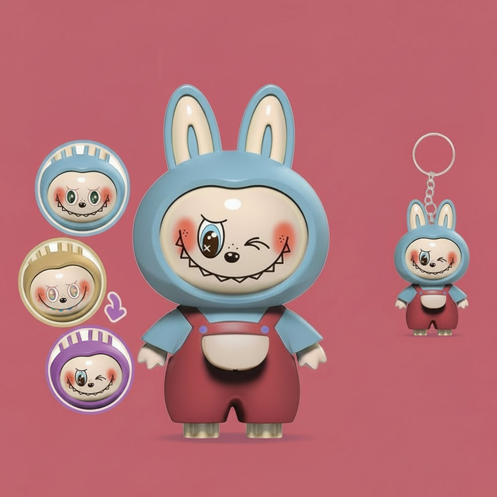 Labubu Face‑Changing 3D Bag Charm | Press‑to‑Change Expressions | Cute Keychain Toy Red