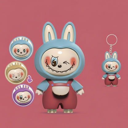 Labubu Face‑Changing 3D Bag Charm | Press‑to‑Change Expressions | Cute Keychain Toy Red