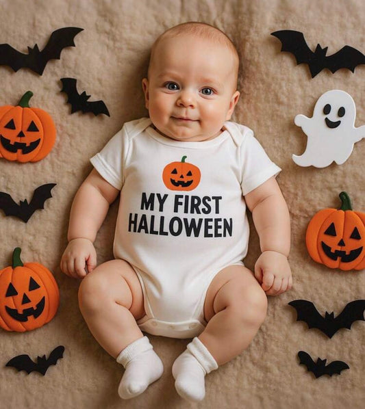 Unisex My First Halloween Baby Romper – Short Sleeve White Bodysuit | Age Newborn-18M White