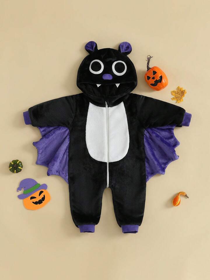 Kids Bat Halloween Costume Jumpsuit – Long Sleeve Hooded Cosplay with Patchwork Wings & Zipper Closure (Age 6M-6 YRS)