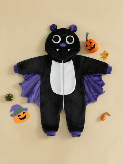 Kids Bat Halloween Costume Jumpsuit – Long Sleeve Hooded Cosplay with Patchwork Wings & Zipper Closure (Age 6M-6 YRS)