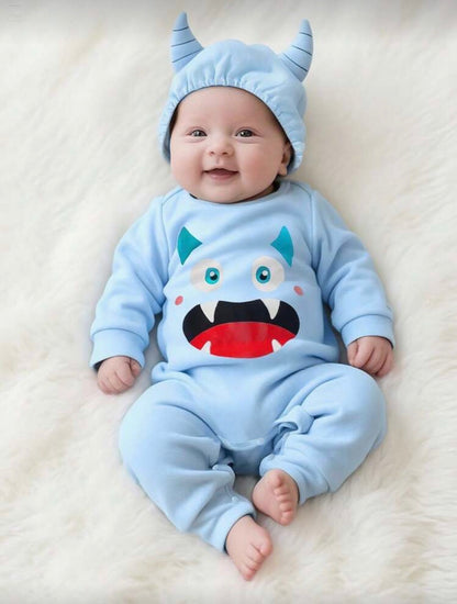 Baby Monster Halloween Costume Outfit Set – Colorful Romper & 3D Horn Hat | Embroidered Eyes | Newborn - 9M Blue