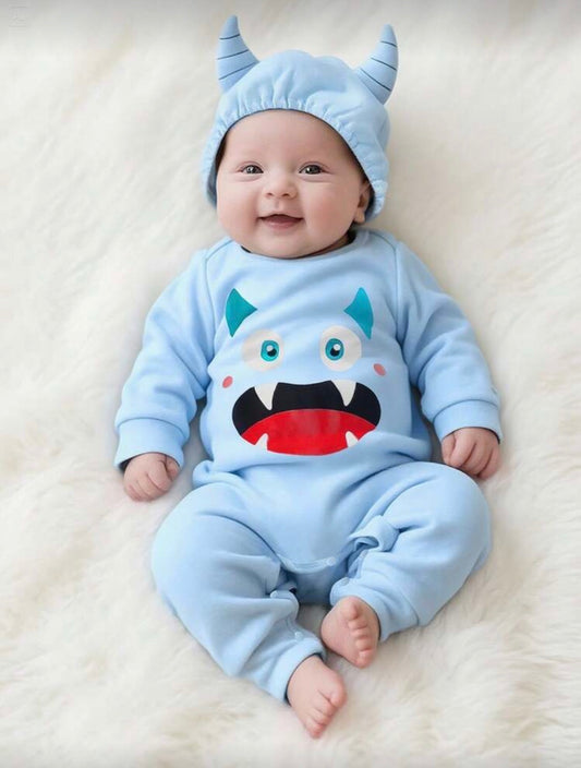 Baby Monster Halloween Costume Outfit Set – Colorful Romper & 3D Horn Hat | Embroidered Eyes | Newborn - 9M Blue
