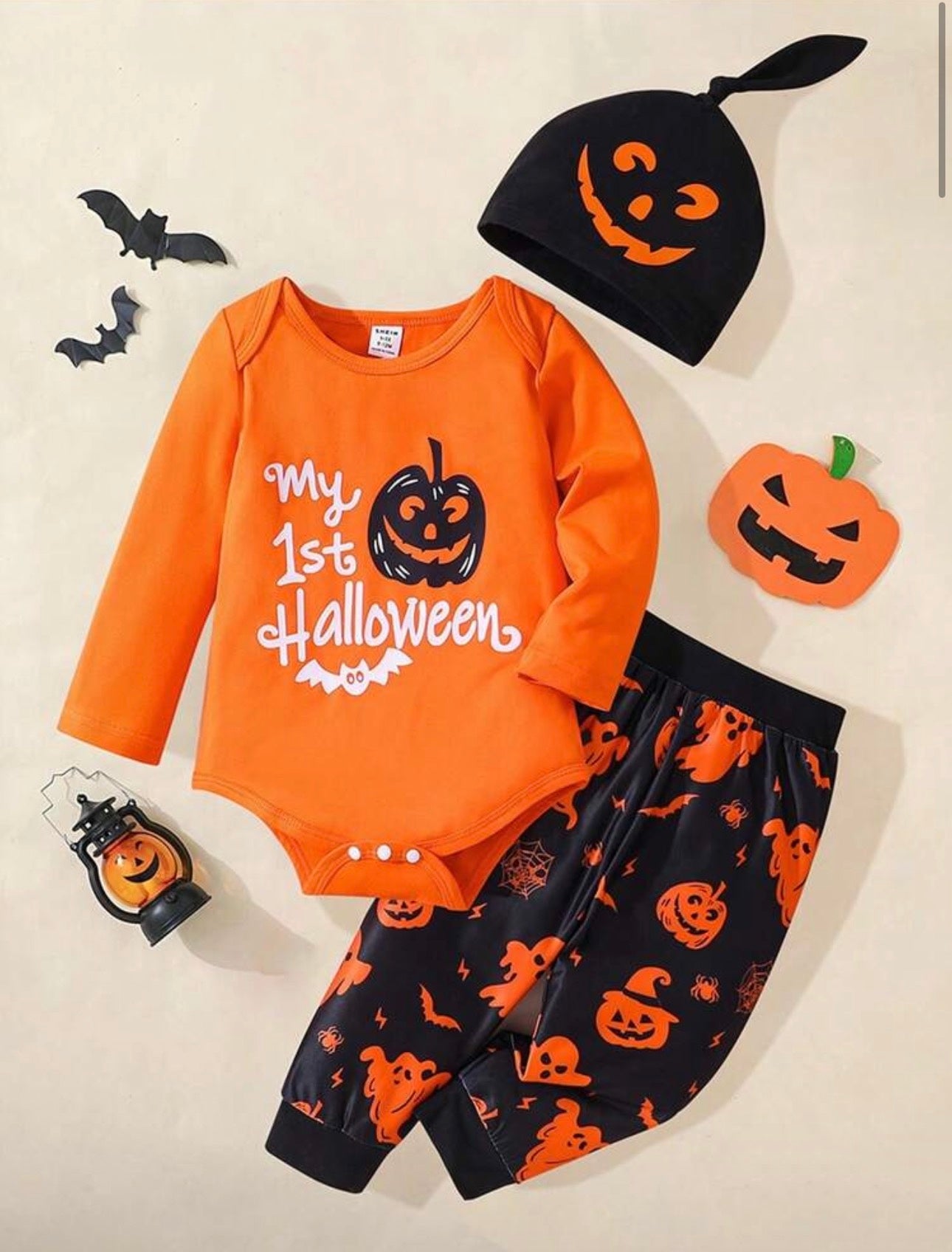 Halloween Baby Outfit Set – 3-Piece Romper, Trousers & Hat | Pumpkin, Bat & Ghost Print | Newborn - 24M Orange