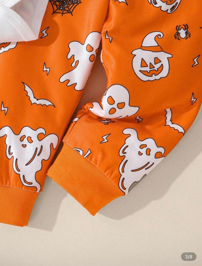 Halloween Baby Outfit Set – 3-Piece Romper, Trousers & Hat | Pumpkin, Bat & Ghost Print | Newborn - 24M