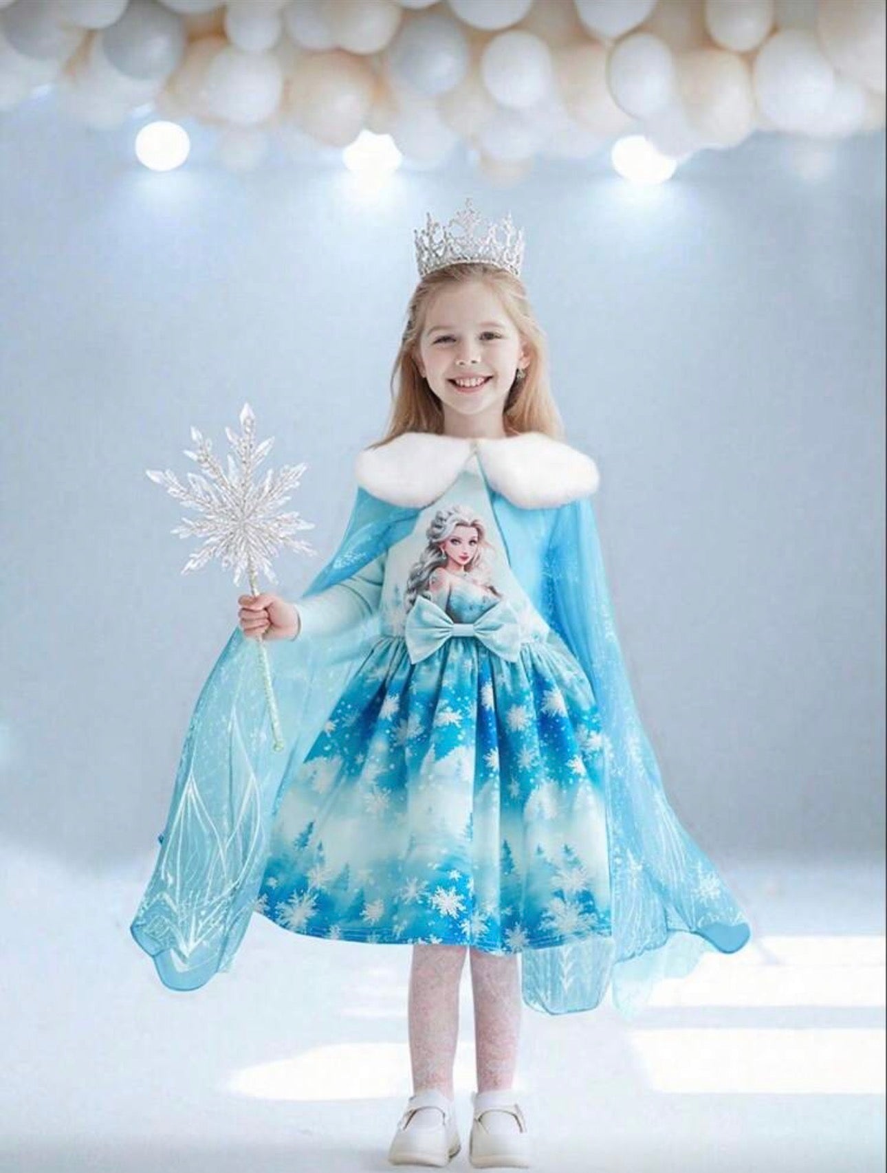 Girls Ice Princess Dress & Cape Set – 2-Piece Snowflake Cosplay Outfit (Age 4-7 YRS) Light Blue