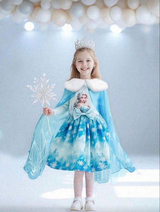 Girls Ice Princess Dress & Cape Set – 2-Piece Snowflake Cosplay Outfit (Age 4-7 YRS) Light Blue