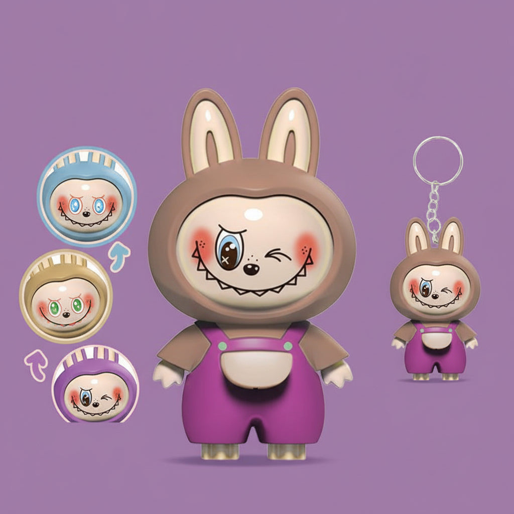 Labubu Face‑Changing 3D Bag Charm | Press‑to‑Change Expressions | Cute Keychain Toy Blue