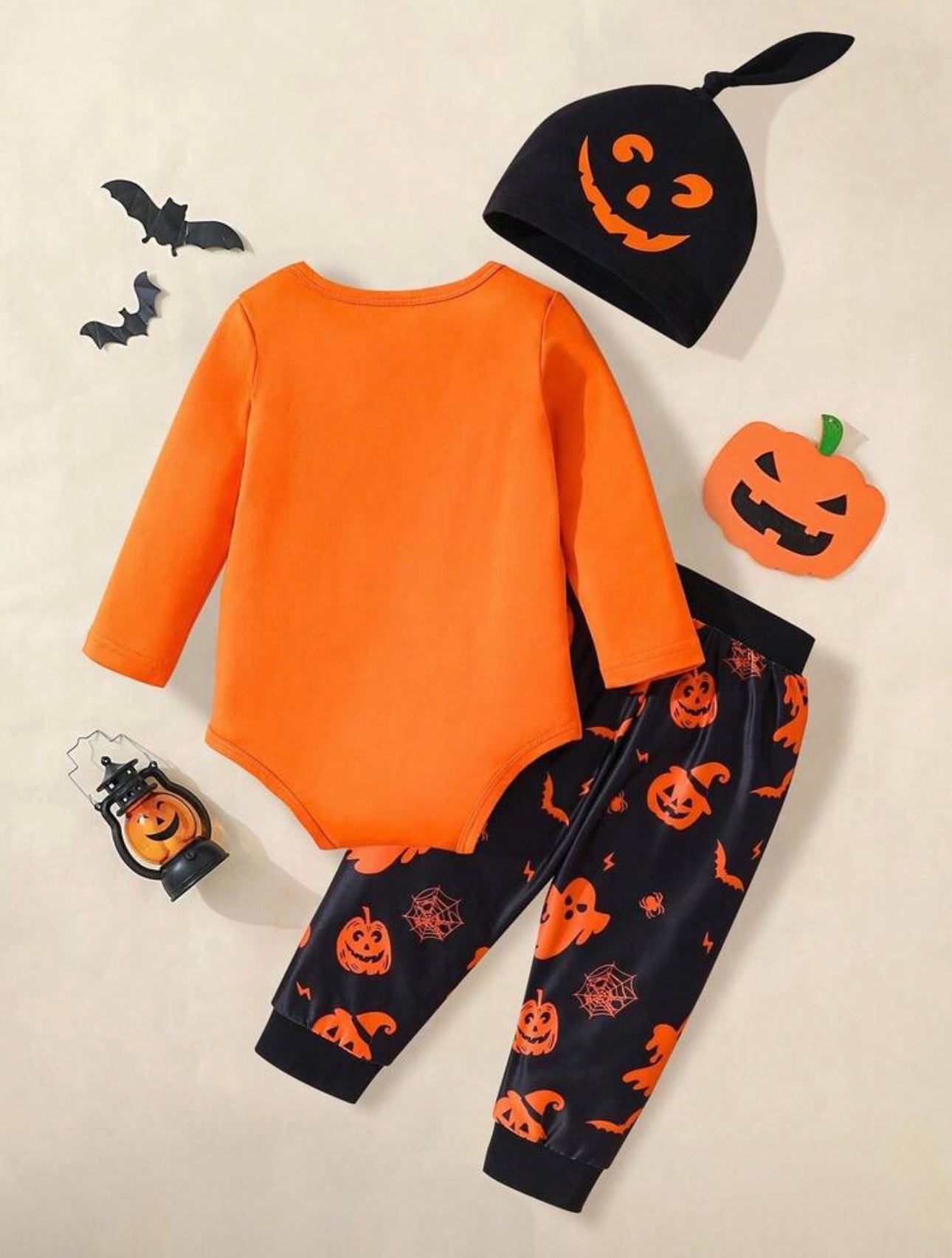 Halloween Baby Outfit Set – 3-Piece Romper, Trousers & Hat | Pumpkin, Bat & Ghost Print | Newborn - 24M