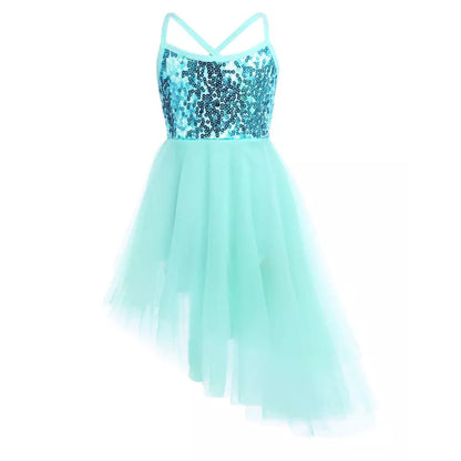 Girls Sequin Tulle Asymmetrical Leotard Dress (Age 5-14YRS)