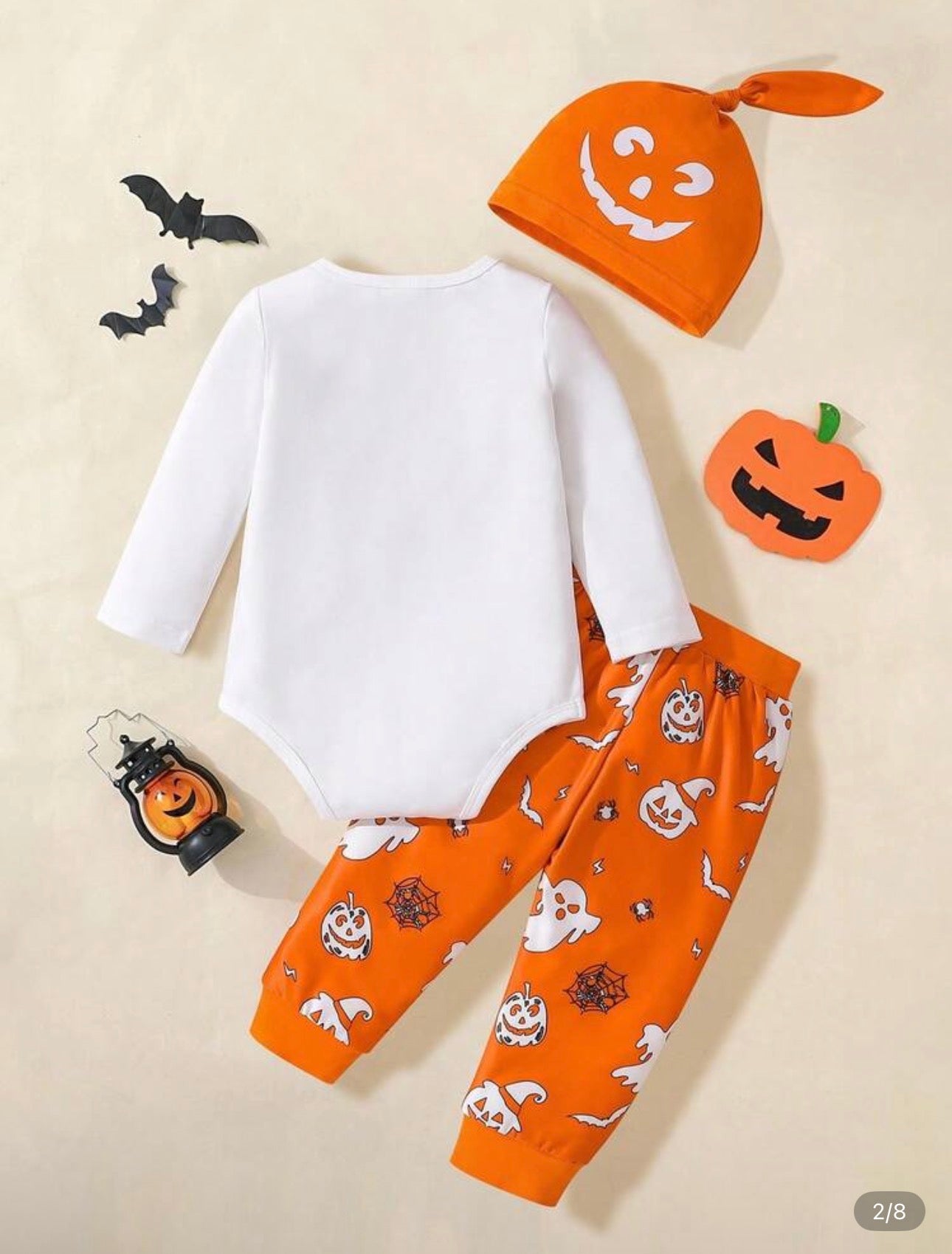 Halloween Baby Outfit Set – 3-Piece Romper, Trousers & Hat | Pumpkin, Bat & Ghost Print | Newborn - 24M