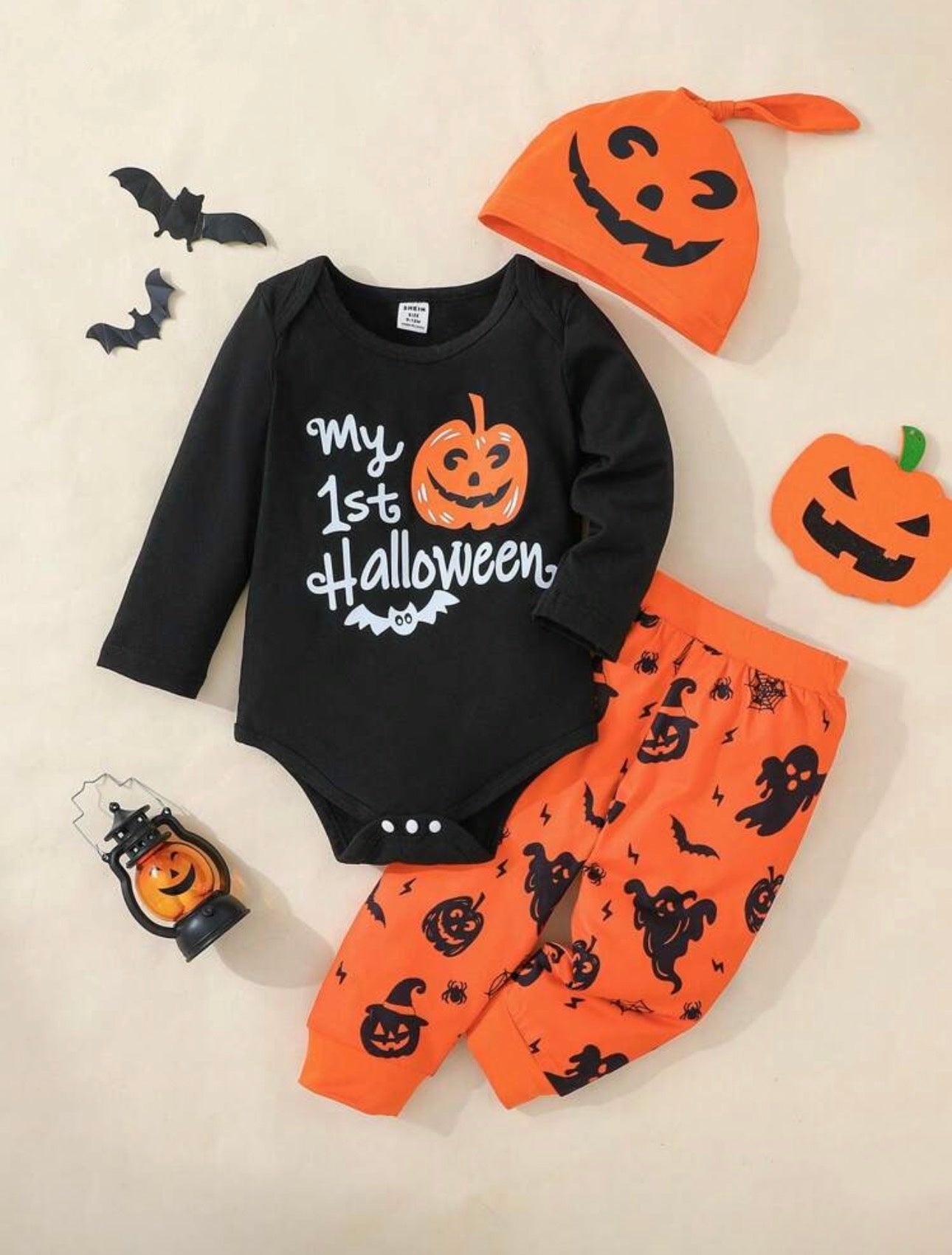 Halloween Baby Outfit Set – 3-Piece Romper, Trousers & Hat | Pumpkin, Bat & Ghost Print | Newborn - 24M Black