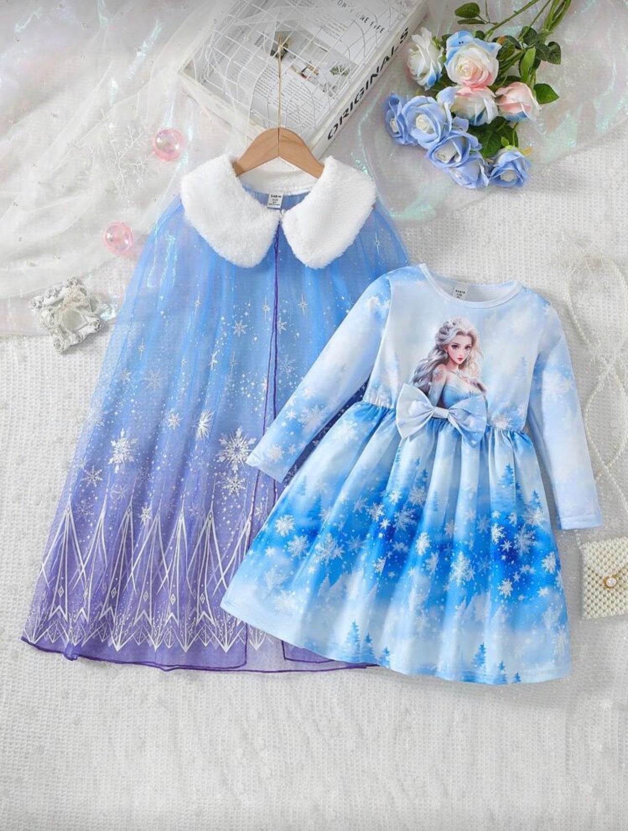 Girls Ice Princess Dress & Cape Set – 2-Piece Snowflake Cosplay Outfit (Age 4-7 YRS)