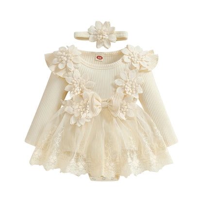 Baby Girls Floral Romper Dress (Age 3M-18M) Beige 1