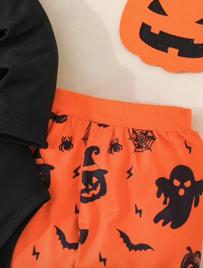 Halloween Baby Outfit Set – 3-Piece Romper, Trousers & Hat | Pumpkin, Bat & Ghost Print | Newborn - 24M