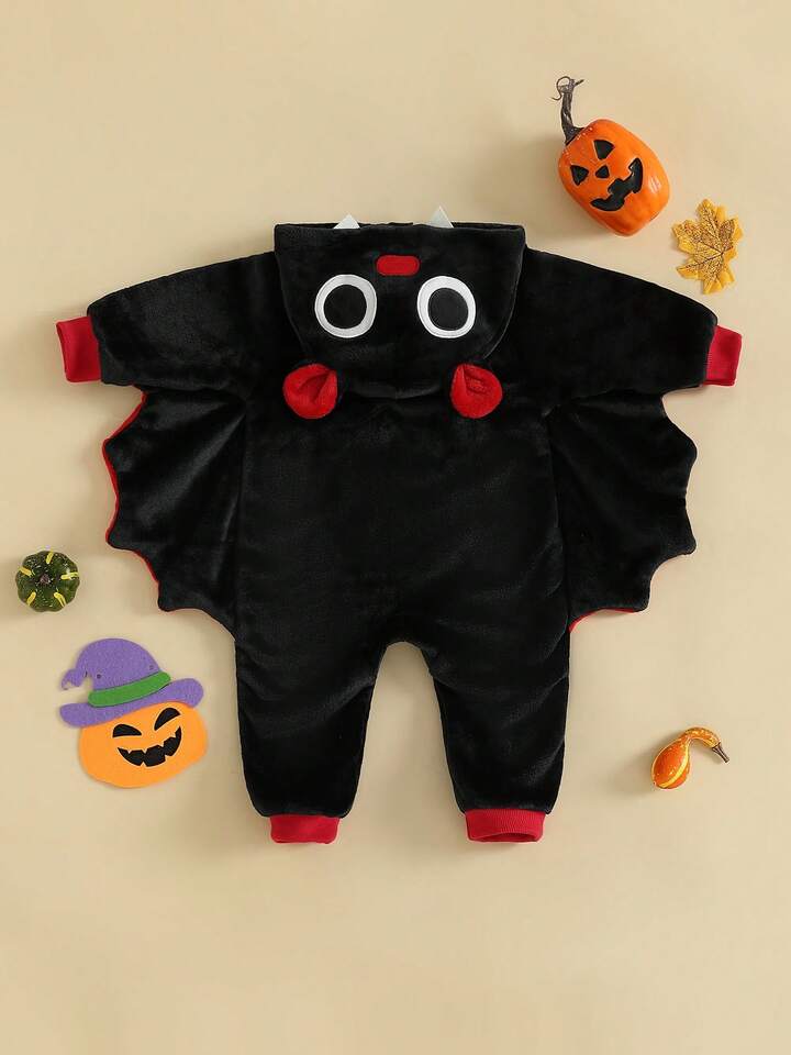 Kids Bat Halloween Costume Jumpsuit – Long Sleeve Hooded Cosplay with Patchwork Wings & Zipper Closure (Age 6M-6 YRS)
