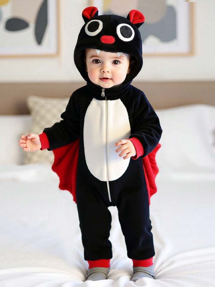 Kids Bat Halloween Costume Jumpsuit – Long Sleeve Hooded Cosplay with Patchwork Wings & Zipper Closure (Age 6M-6 YRS)