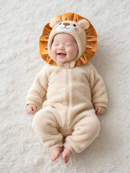 Baby Plush Lion Halloween Costume Outfit – Hooded Hat & Long-Sleeve Jumpsuit (Age Newborn-9M) Beige