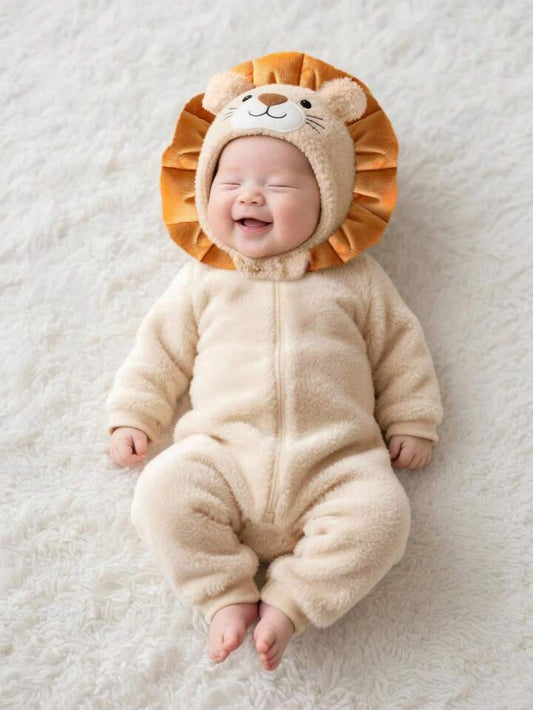 Baby Plush Lion Halloween Costume Outfit – Hooded Hat & Long-Sleeve Jumpsuit (Age Newborn-9M) Beige
