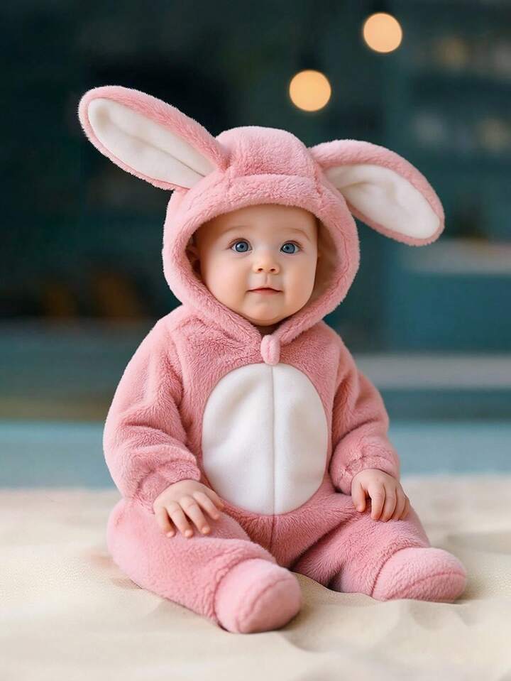 Baby Fleece Hooded Rabbit Romper – 3D Bunny Ears | Long Sleeve & Pants Set (Age Newborn-24M)