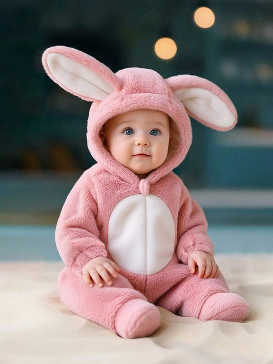Baby Fleece Hooded Rabbit Romper – 3D Bunny Ears | Long Sleeve & Pants Set (Age Newborn-24M)