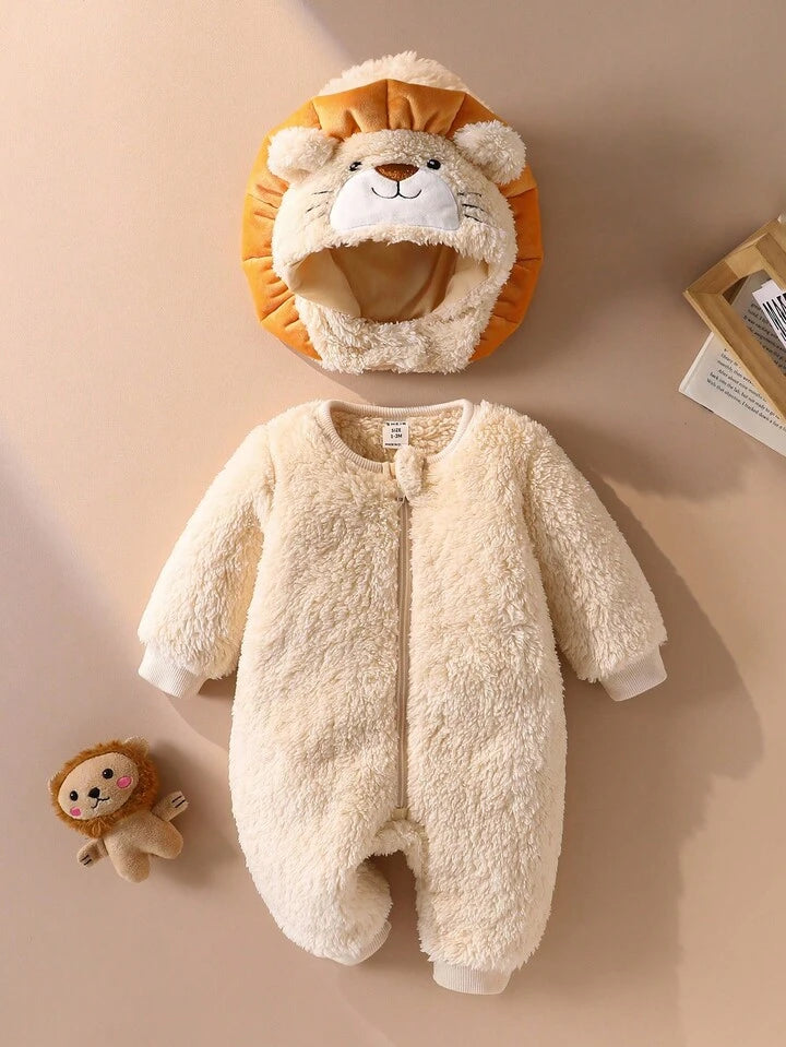 Baby Plush Lion Halloween Costume Outfit – Hooded Hat & Long-Sleeve Jumpsuit (Age Newborn-9M)