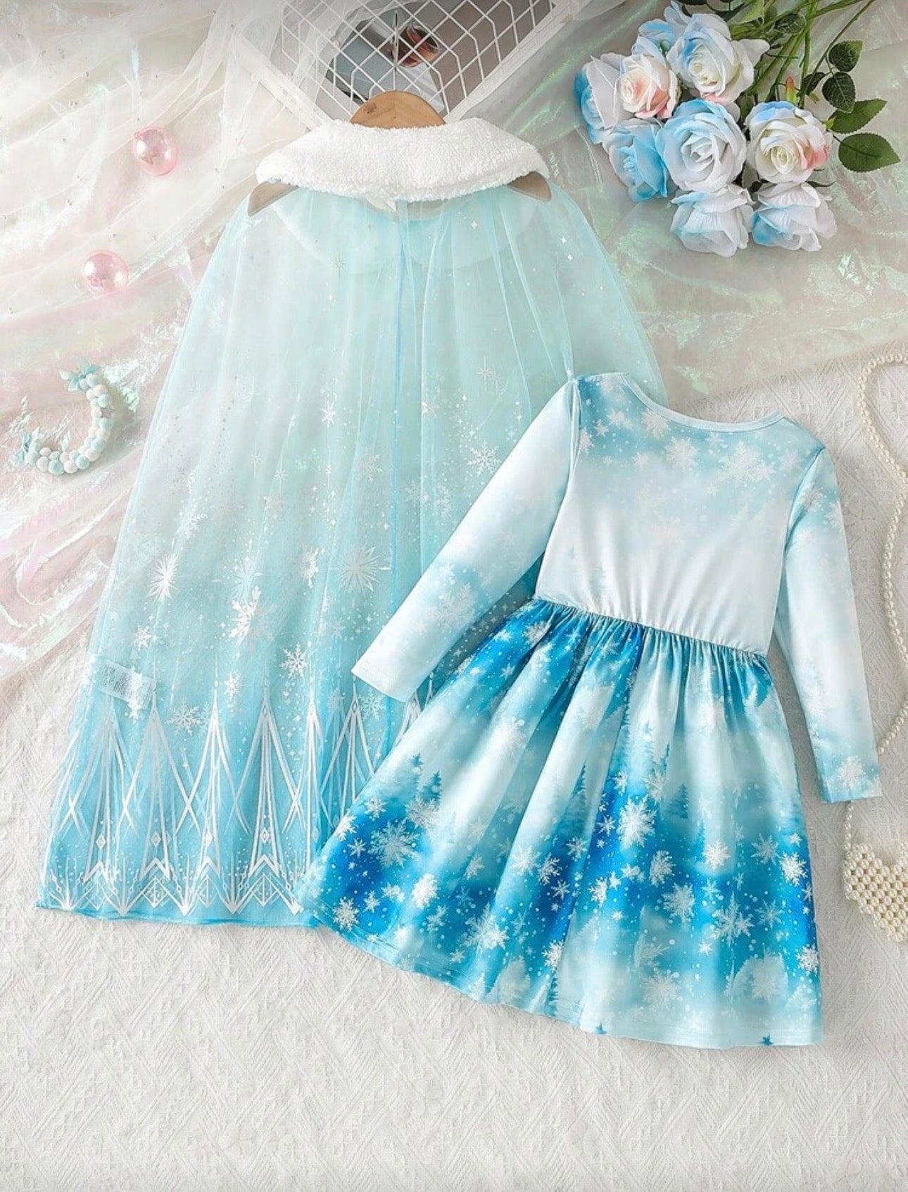 Girls Ice Princess Dress & Cape Set – 2-Piece Snowflake Cosplay Outfit (Age 4-7 YRS)