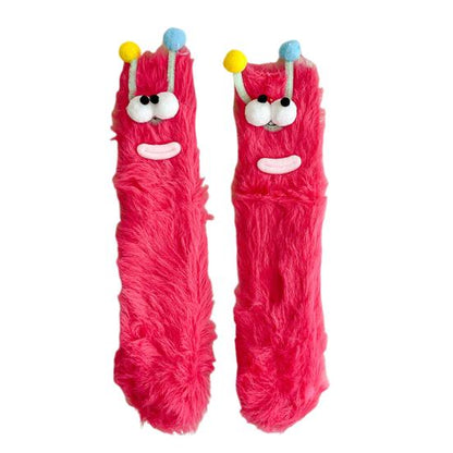 Funny Big-Eye Animal Cartoon Socks – Thick Fuzzy Plush Red