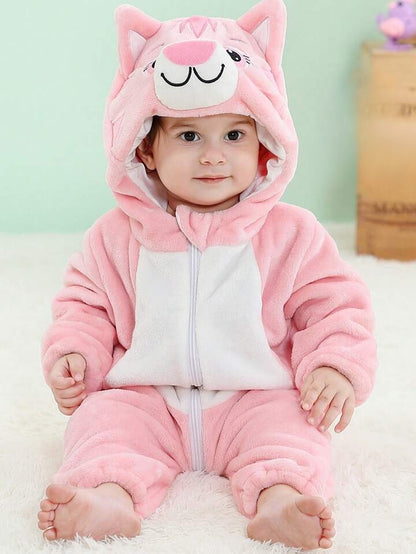 Baby Cartoon Jumpsuit Halloween Costume with Hat – Red Dragon, Lion, Dinosaur & Pink Cutie (Age Newborn-36 Month) Multicolor Pink