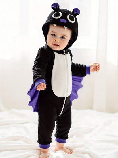 Kids Bat Halloween Costume Jumpsuit – Long Sleeve Hooded Cosplay with Patchwork Wings & Zipper Closure (Age 6M-6 YRS)