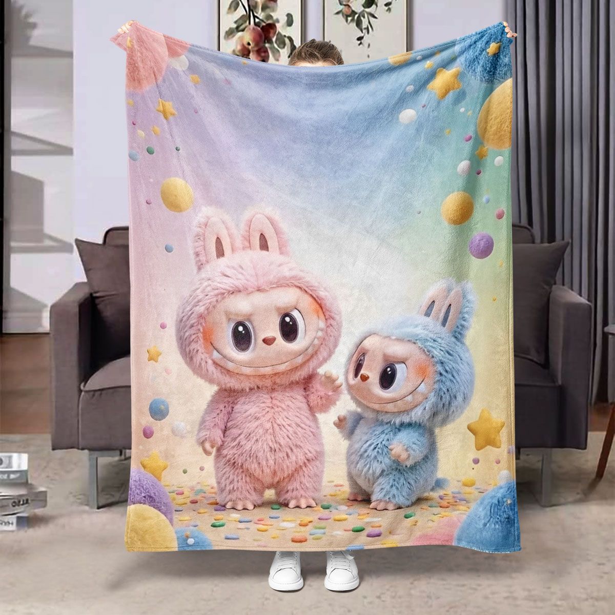 Labubu Flannel Blanket – Cozy All-season Nap Throw | Soft Plushie Pairing Multicolor D