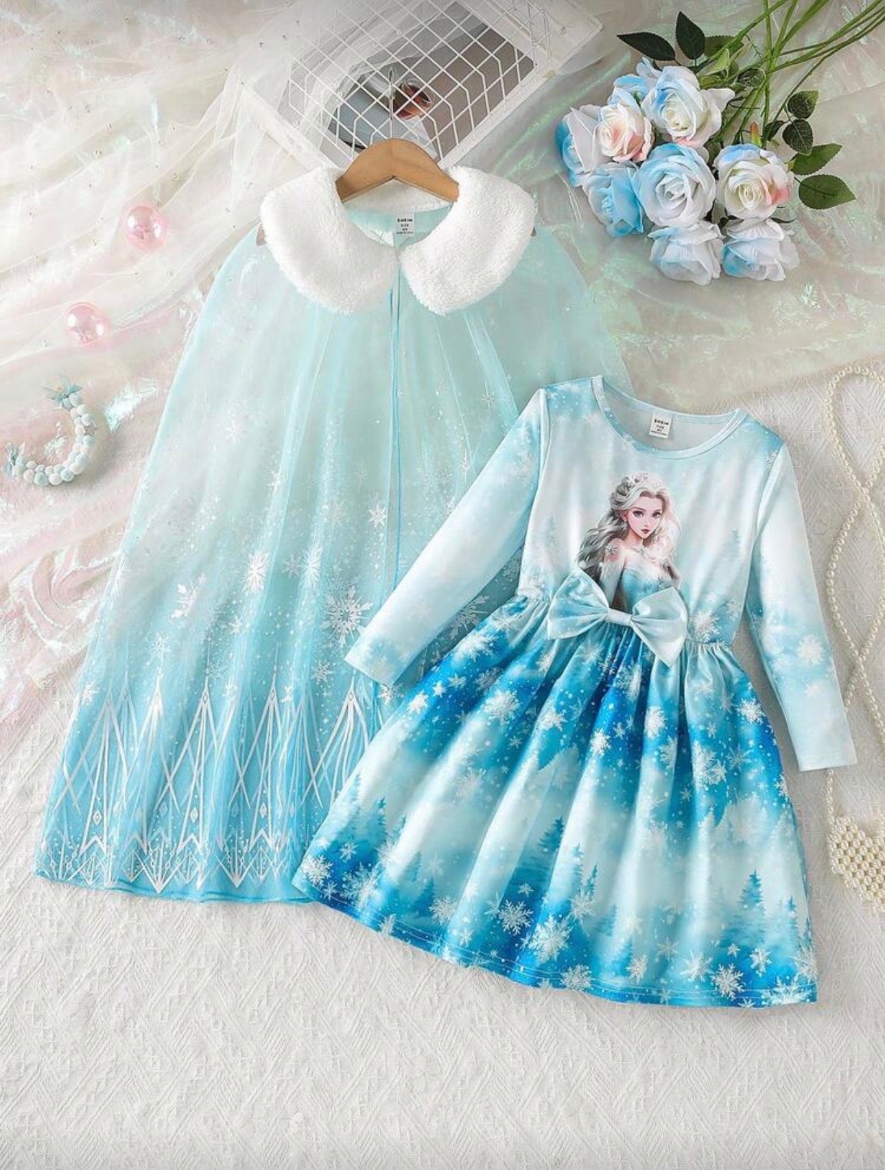 Girls Ice Princess Dress & Cape Set – 2-Piece Snowflake Cosplay Outfit (Age 4-7 YRS)