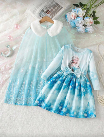 Girls Ice Princess Dress & Cape Set – 2-Piece Snowflake Cosplay Outfit (Age 4-7 YRS)