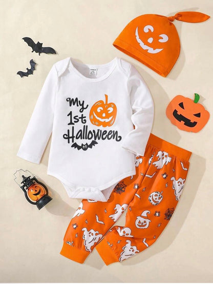 Halloween Baby Outfit Set – 3-Piece Romper, Trousers & Hat | Pumpkin, Bat & Ghost Print | Newborn - 24M White