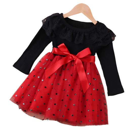 Girls Long Sleeve Mesh Sparkly Dress (Age 3-6 YRS) Red