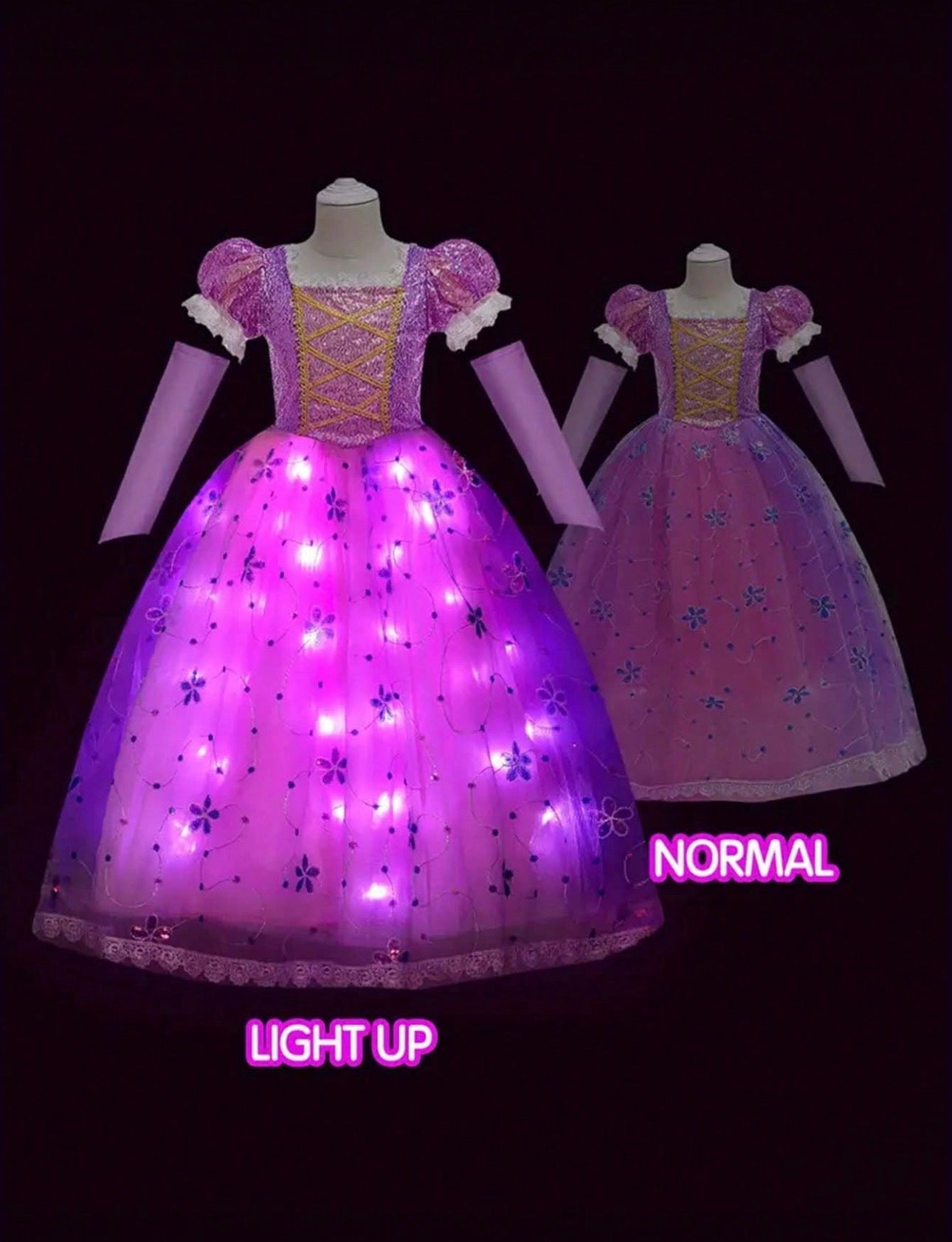 Girls Light-Up Princess Dress for Girls – Sleeved Halloween Cosplay Costume (Age 3Y-10Y)