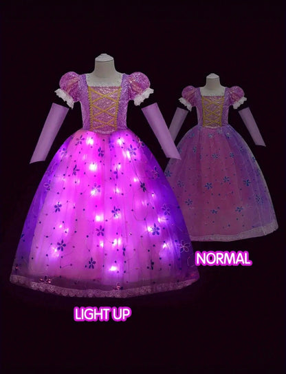 Girls Light-Up Princess Dress for Girls – Sleeved Halloween Cosplay Costume (Age 3Y-10Y)