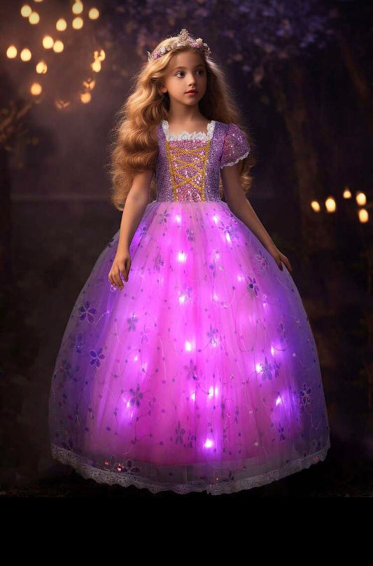 Girls Light-Up Princess Dress for Girls – Sleeved Halloween Cosplay Costume (Age 3Y-10Y) Purple