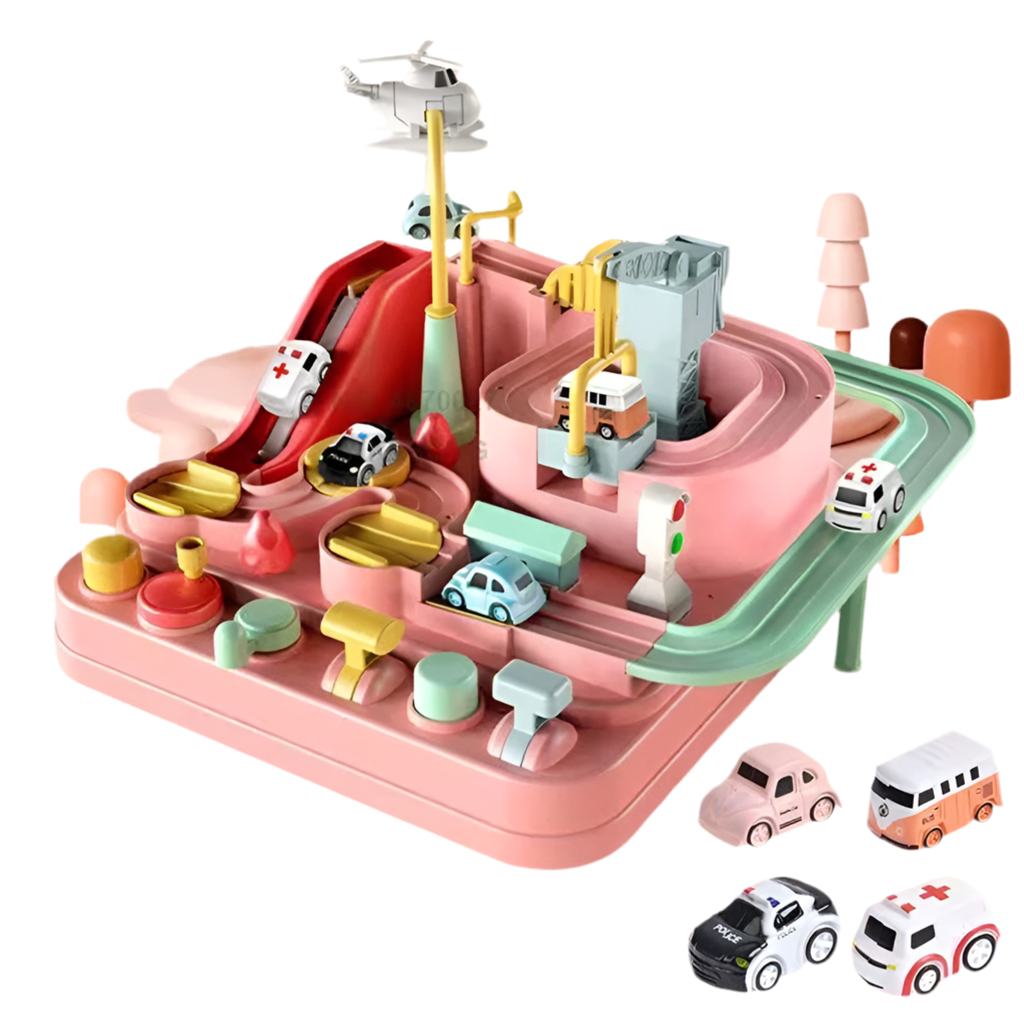 Car Train Track Sets Racing Rail Model Educational Toys Children Adventure Game Mechanical Interactive Animals Space Rocket Toy A-Pink-4-car