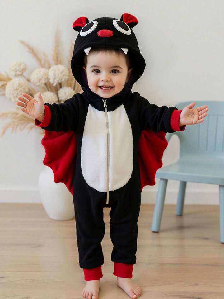 Kids Bat Halloween Costume Jumpsuit – Long Sleeve Hooded Cosplay with Patchwork Wings & Zipper Closure (Age 6M-6 YRS)