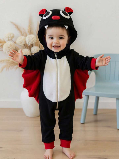 Kids Bat Halloween Costume Jumpsuit – Long Sleeve Hooded Cosplay with Patchwork Wings & Zipper Closure (Age 6M-6 YRS)