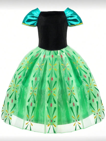 Girls Floral Print LED Princess Dress – Light-Up Cosplay Outfit with Sleeves - Halloween Costume (Age 3-9 YRS)