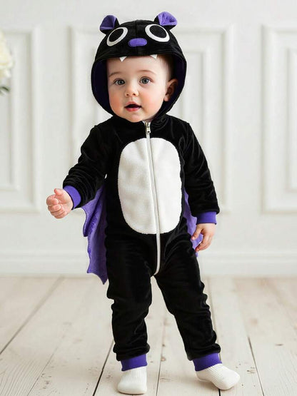 Kids Bat Halloween Costume Jumpsuit – Long Sleeve Hooded Cosplay with Patchwork Wings & Zipper Closure (Age 6M-6 YRS)