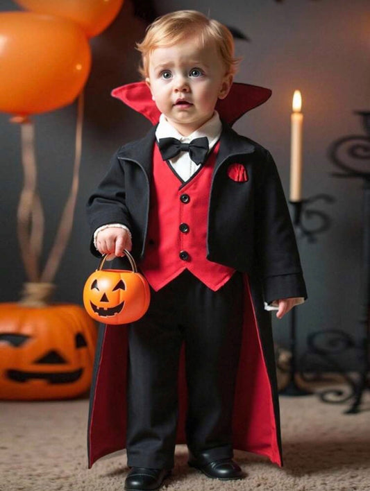 Baby/Toddler Vampire Costume – 3-Piece Halloween Outfit with Red Vest, Black Trousers & Cloak Jacket | Prince of Darkness Party Wear (6M–3Y) Red