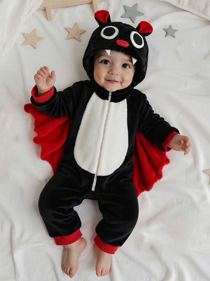 Kids Bat Halloween Costume Jumpsuit – Long Sleeve Hooded Cosplay with Patchwork Wings & Zipper Closure (Age 6M-6 YRS)