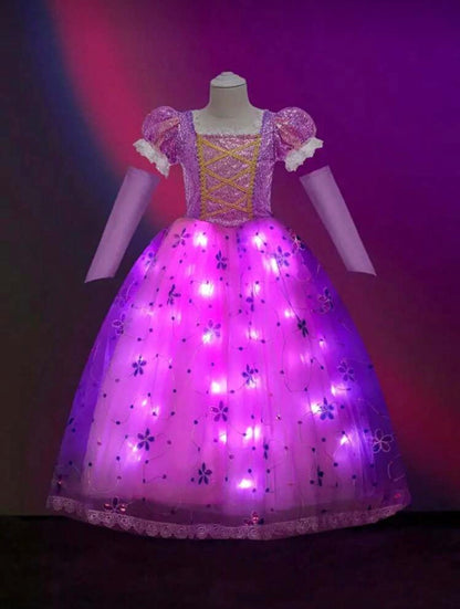 Girls Light-Up Princess Dress for Girls – Sleeved Halloween Cosplay Costume (Age 3Y-10Y)