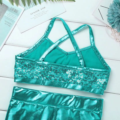Girls Dance Gymnastics Leotard Sequin Top & Shorts (Age 6-14 YRS)