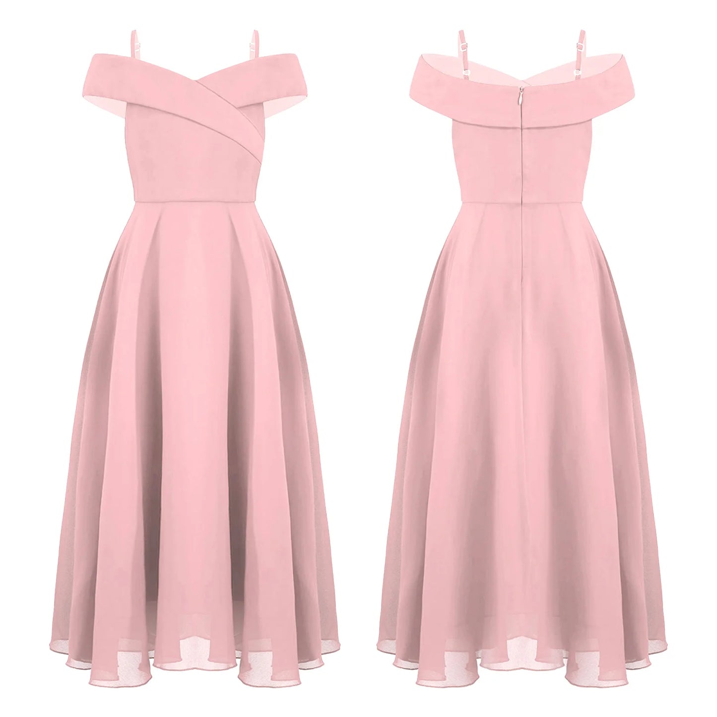 Girls Chiffon Off-the-Shoulder Adjustable A-Line Dress (Age 4-16 YRS) Pink