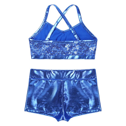 Girls Dance Gymnastics Leotard Sequin Top & Shorts (Age 6-14 YRS)
